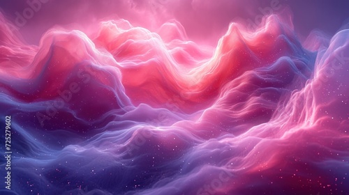  a painting of a mountain range with clouds and stars in the sky and a pink and blue sky in the background.