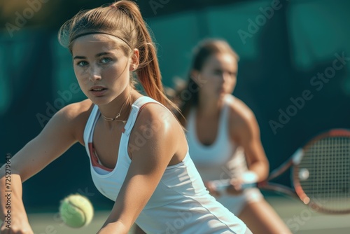 Two female friend playing tennis in the court