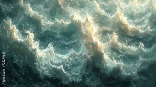  a painting of a large body of water with a lot of waves coming up and down the side of it.