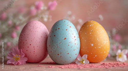 Colorful Speckled Easter Eggs with Blooming Flowers, Seasonal Decor