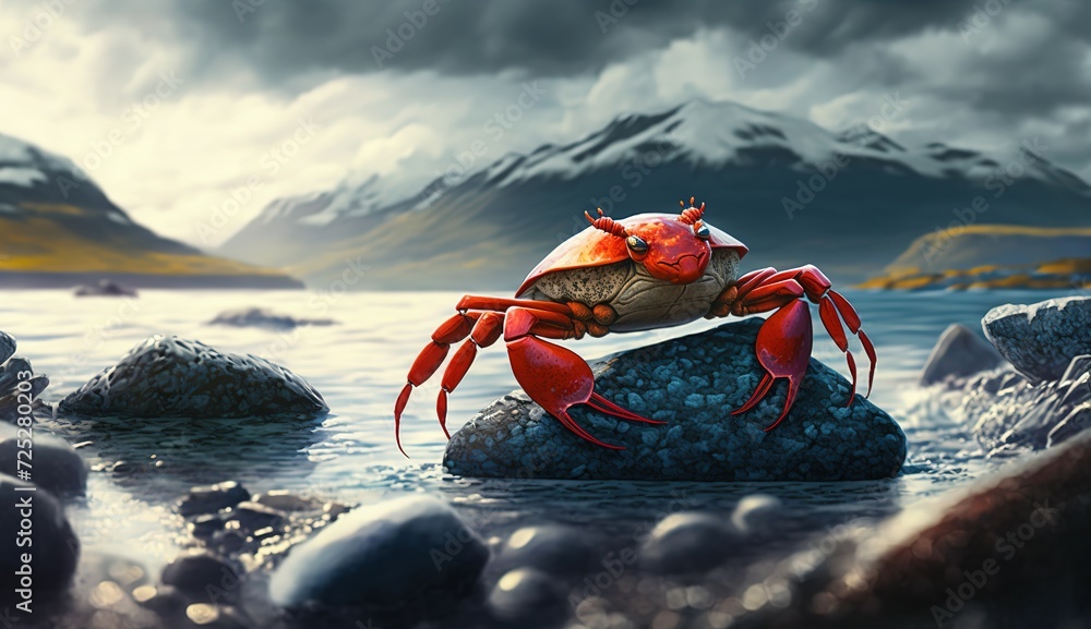 Red crab on stone with sea and mountains background - obrazy, fototapety, plakaty 