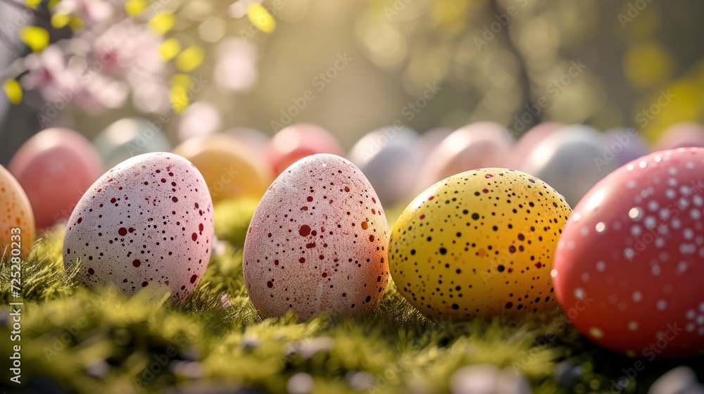 a row of painted eggs sitting on top of a lush green field next to a bunch of pink and yellow flowers. a row of painted eggs sitting on top of a lush green field next to a bunch of pink and yellow flowers.