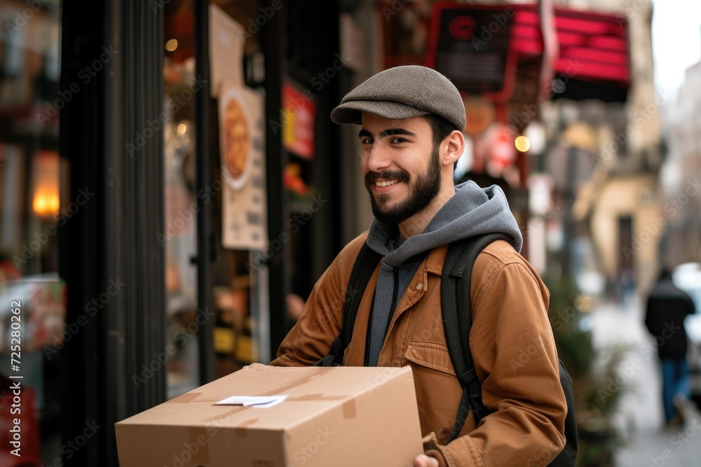 Young delivery man picking up an order from a restaurant Young delivery man picking up an order from a restaurant