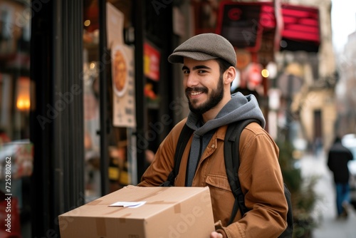 Young delivery man picking up an order from a restaurant