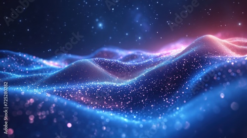  a computer generated image of a wave of blue and pink light with stars in the sky and on the ground.