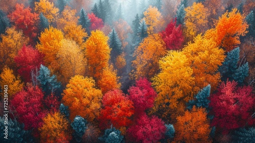 Aerial view of colorful autumn forest Generative AI