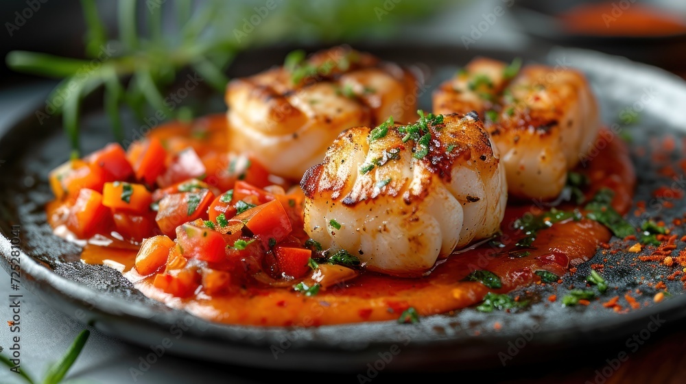 a close up of a plate of food with scallops on top of tomato sauce and garnish. a close up of a plate of food with scallops on top of tomato sauce and garnish.