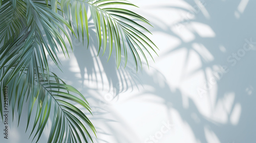 Minimalistic light background with Green Palm Leaves with Light and Shadow Effects. Beautiful background for Minimalist Tropical Plant Composition with White and Blue Tones 