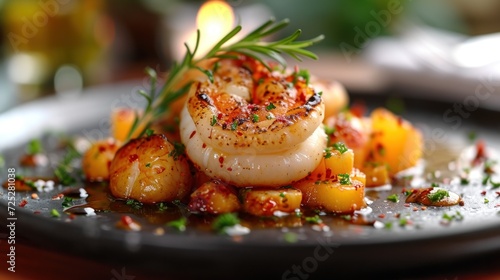  a close up of a plate of food with scallops and garnishes on a wooden table.