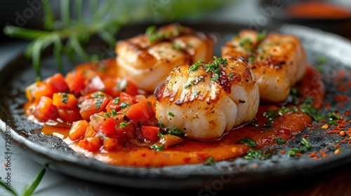  a close up of a plate of food with scallops on top of tomato sauce and garnish.
