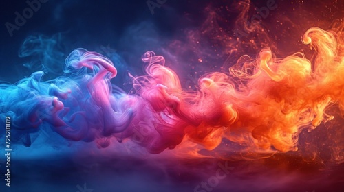  a group of colorful smokes floating in the air on a blue and red background with a black back ground.