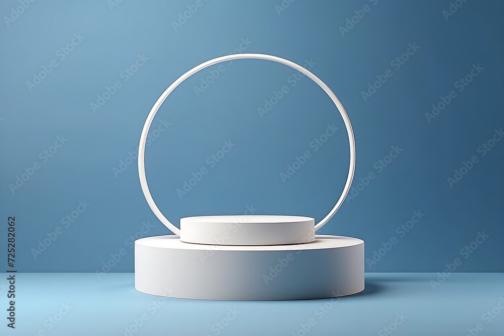 Product Showcase white podium on blue background, Realistic and High-Quality Render Product Showcase white podium on blue background, Realistic and High-Quality Render
