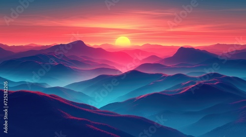  a view of a sunset over a mountain range from a bird's - eye view of a mountain range.