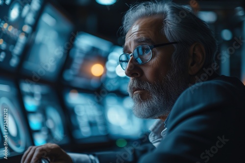 Senior man wearing glasses IT programmer using touch monitor analyzing information data, modern technology