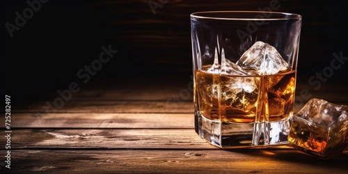Whiskey on a wooden table with ice.