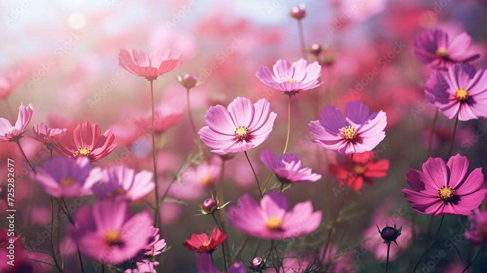 Obraz premium Pink and red cosmos flowers garden,Blurry to soft focus and retro film look new color intrend tone,generative ai