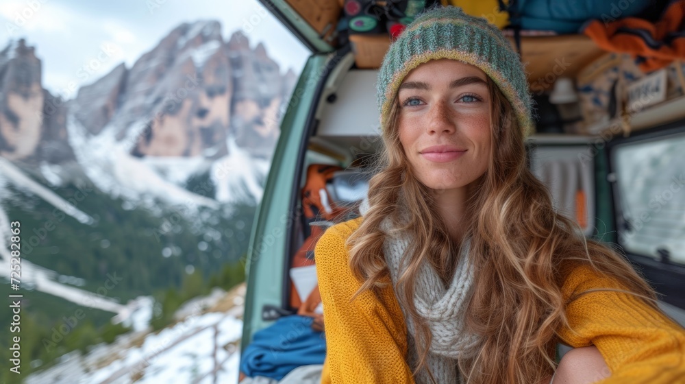 Woman enjoying scenic views in camper van Generative AI Woman enjoying scenic views in camper van Generative AI