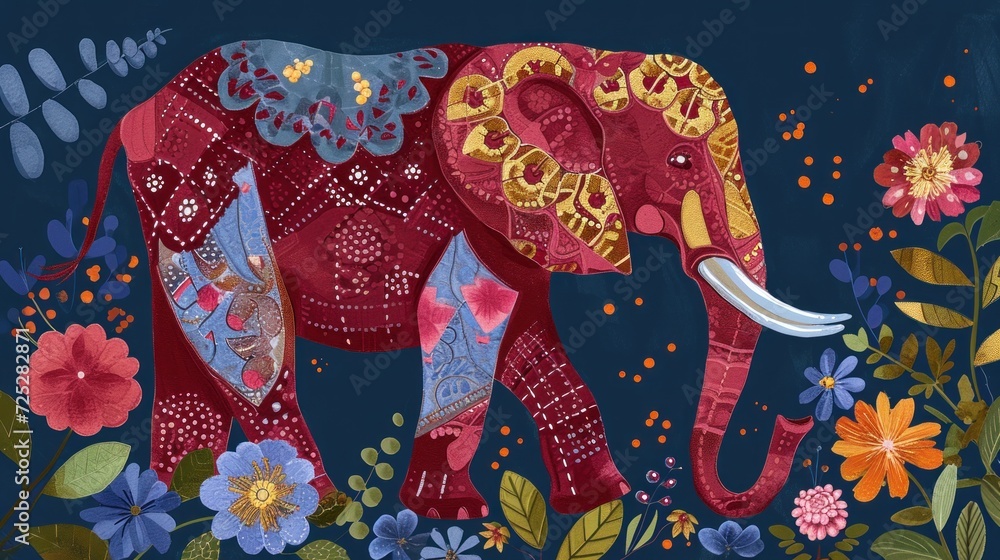  a painting of an elephant standing in a field of flowers with a butterfly on it's tusks.
