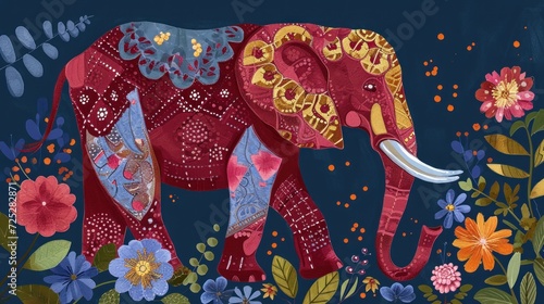  a painting of an elephant standing in a field of flowers with a butterfly on it's tusks. © Olga