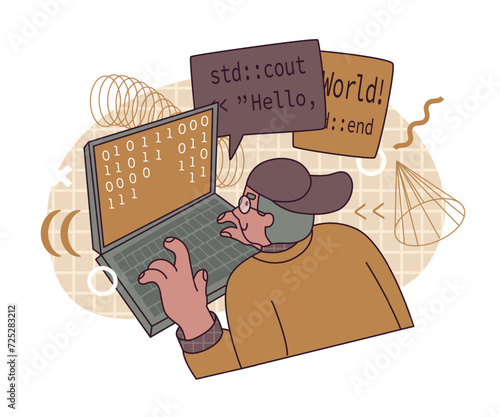 The programmer inserts a line of code into the script on special language. Concept of software development and web engineering. Programming school, IT specialists, online profession training. Vector
