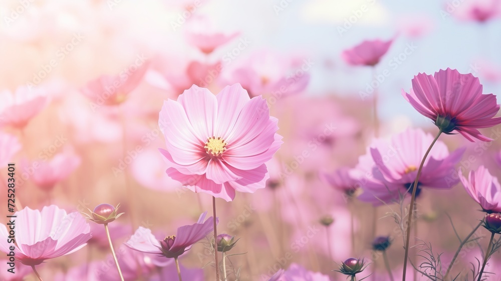 Pink and red cosmos flowers garden,Blurry to soft focus and retro film look new color intrend tone,generative ai Pink and red cosmos flowers garden,Blurry to soft focus and retro film look new color intrend tone,generative ai