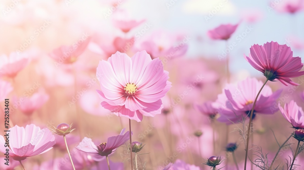 Pink and red cosmos flowers garden,Blurry to soft focus and retro film look new color intrend tone,generative ai