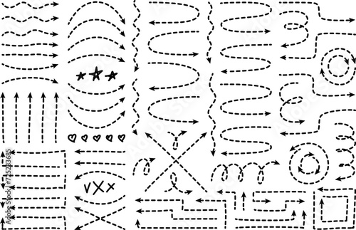 Dotted arrow line with dashes and arrowheads. Broken trace stroke with random angles, spirals, twisted loops and wavy direction point. Thin slim evolve for travel trip map.