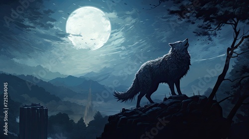 Full Moon with wolf illustration © Galib