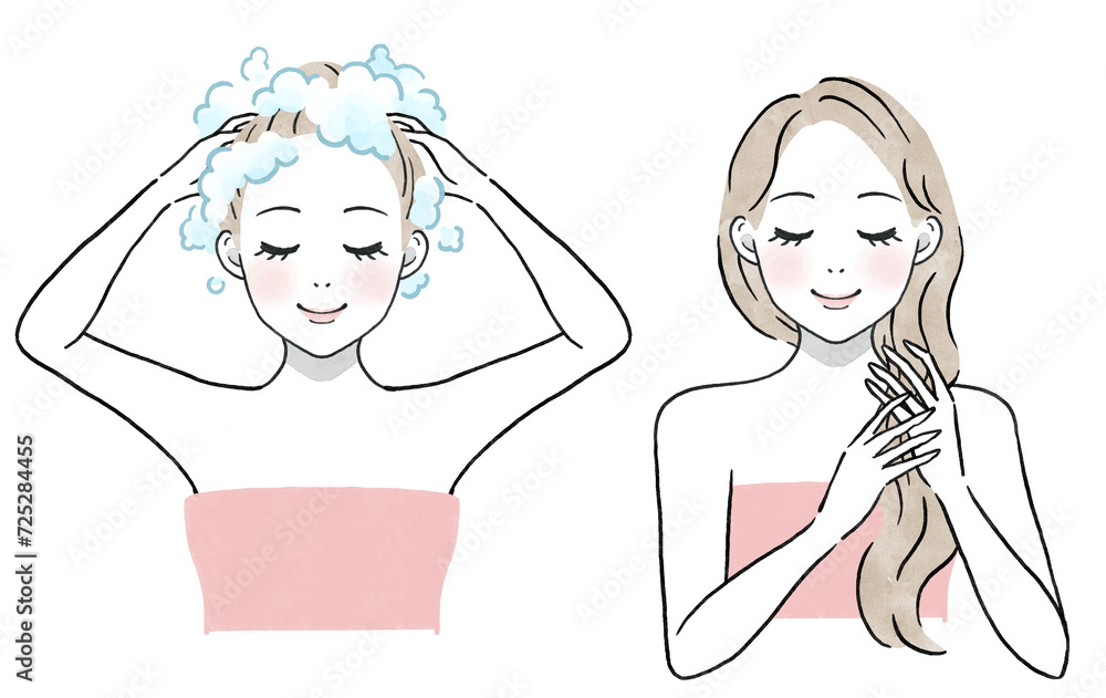 シャンプーとトリートメントをする正面を向いた女性 シャンプーとトリートメントをする正面を向いた女性