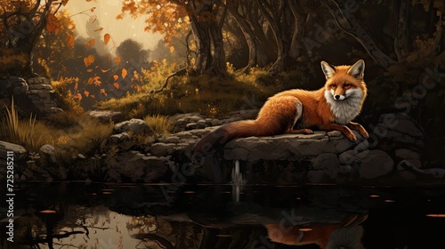 A contemplative fox enjoying a serene moment by a tiny pond.