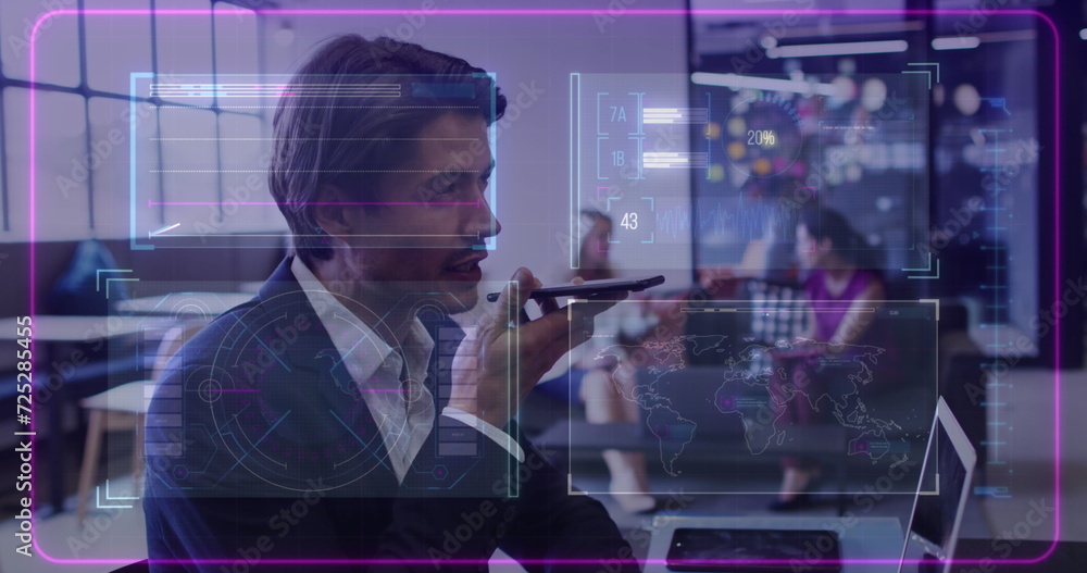 Image of data processing over caucasian businessman using smartphone in office Image of data processing over caucasian businessman using smartphone in office