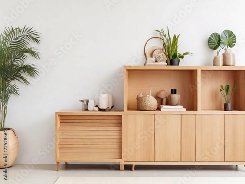 Wooden cabinet and accessories decor in living room interior.