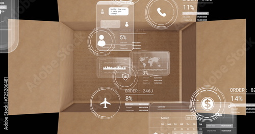 Image of data processing on screens over cardboard box