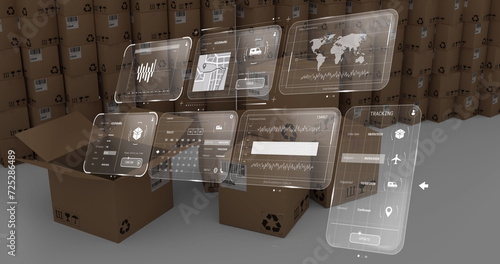 Image of data processing on screens over cardboard boxes