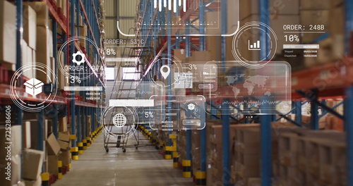 Image of data processing on screens over warehouse