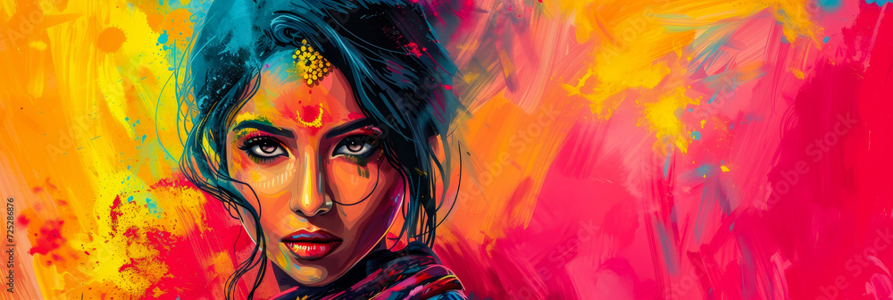 Beautiful young Indian woman illustration with her face painted during the Holi festival in India