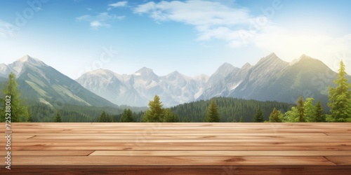Nature backdrop with a wooden counter and table. Cloudy sky, seasonal landscape with plants, trees, and mountains. Bright day with space for text.