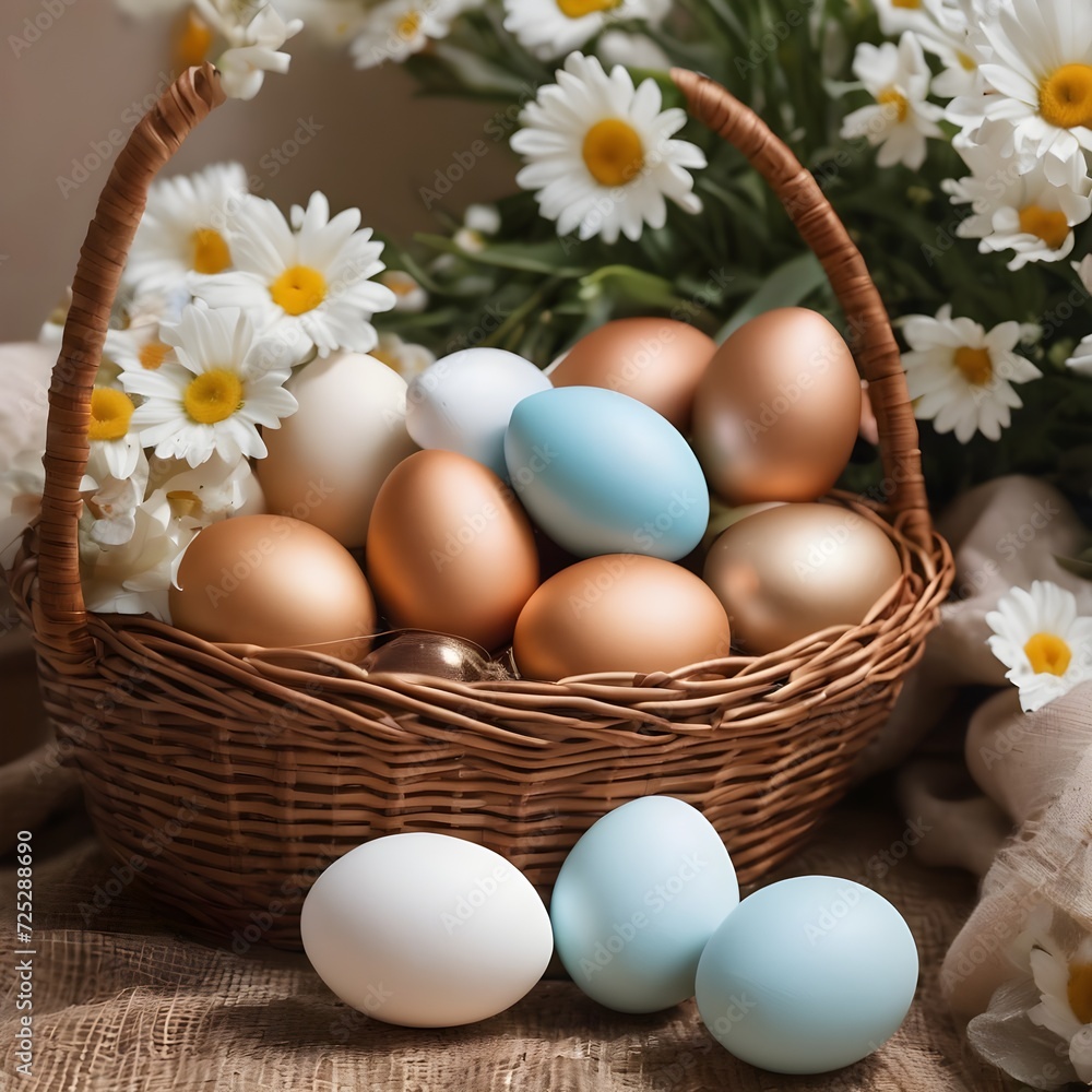 Brown wicker basket full of easter eggs and white flowers in background Brown wicker basket full of easter eggs and white flowers in background