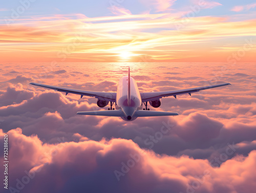 Passenger Airliner flying in the clouds. Airplane flying in the beautiful sunset sky above the clouds with amazing lights.
