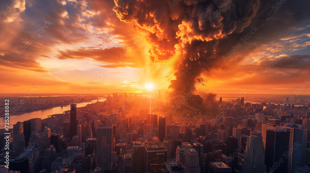 Apocalyptic cityscape with dramatic explosion in urban skyline at sunset, concept for disaster or catastrophe scenarios - obrazy, fototapety, plakaty 