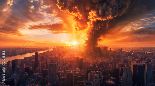 Apocalyptic cityscape with dramatic explosion in urban skyline at sunset, concept for disaster or catastrophe scenarios photo