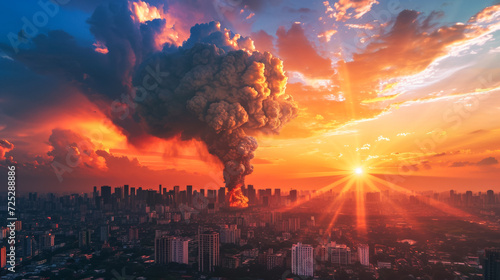 Massive explosion over a cityscape at sunset, with dramatic clouds and vibrant sky colors, depicting an emergency or disaster scenario