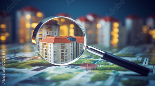 Real estate to buy and invest in. House searching concept with magnifying glass. Hunt for new house, Searching new house for purchase. Rental housing market, ai generated