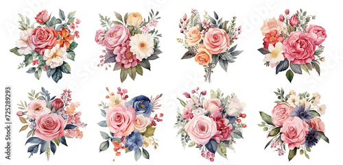 Set of watercolor vintage flowers, Bouquet, Sticker, Ornaments, png, generated ai