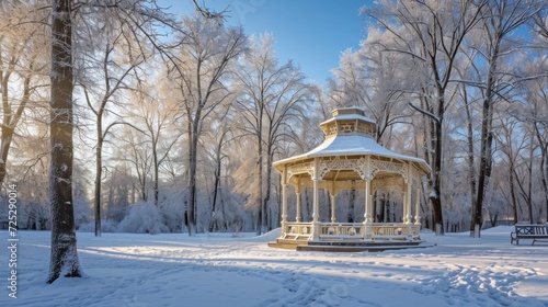 Snow - covered gazebo in park, with winding path and frosted trees, creating magical winter wonderland.