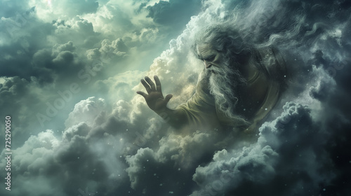 Majestic bearded figure forging through celestial clouds, mythological or religious concept, with a mystical and ethereal atmosphere