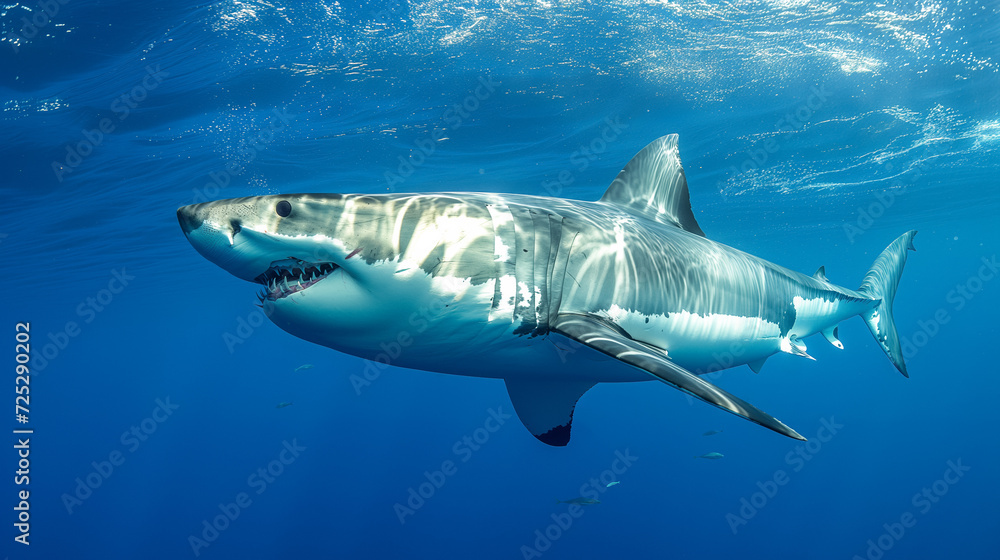 Fototapeta premium Great White Shark swimming serenely in clear blue ocean water, powerful marine life concept