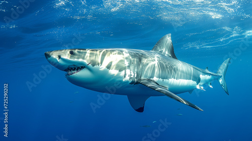 Great White Shark swimming serenely in clear blue ocean water, powerful marine life concept © fotogurmespb