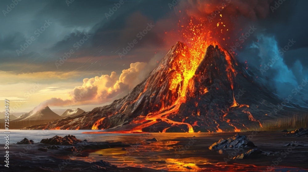 Lava Flows on active volcano on island in sea, Lava Flows on active volcano on island in sea,