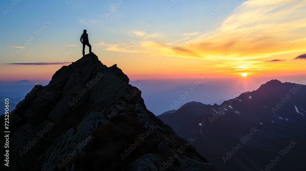 Silhouetted hiker standing on mountain peak at sunset with vibrant sky, conveying a sense of achievement and adventure